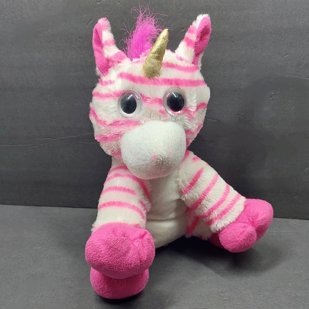 Kellytoy Animal Pals Pink White Zebra Striped Gold Horn Unicorn 12"t Plush Toy